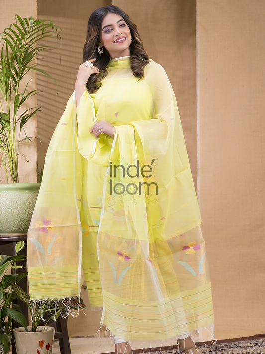 Lime Yellow Jamdani 2-Piece Set Kurti & Dupatta (UNSTITCHED) -688