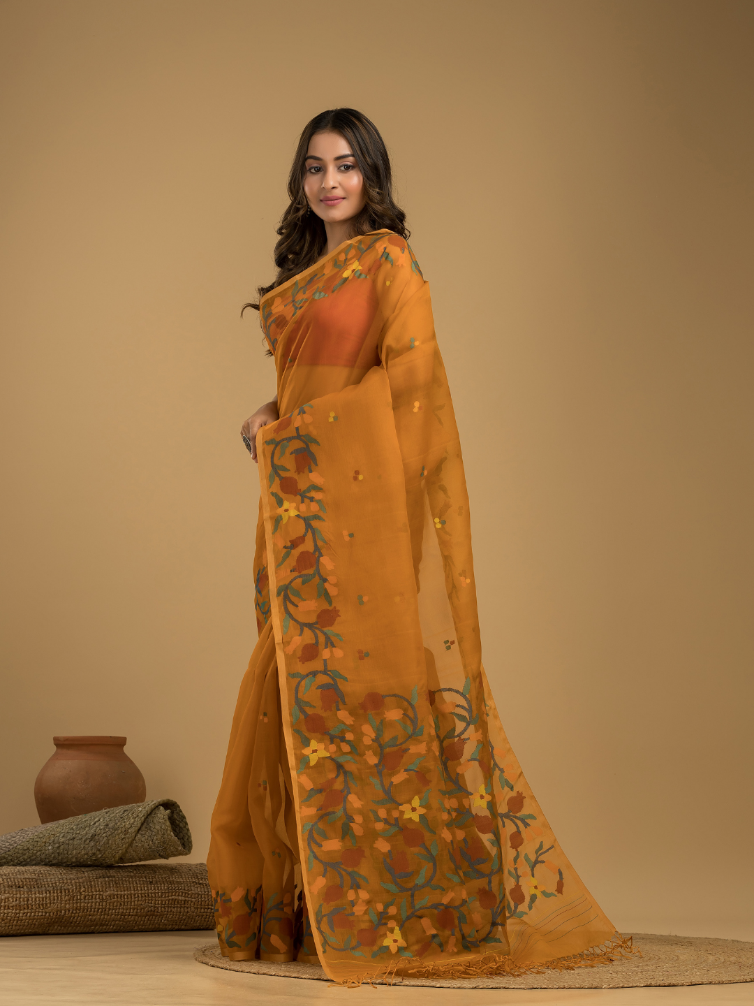 Muslin Jamdani Saree With Mustard Yellow  - 018