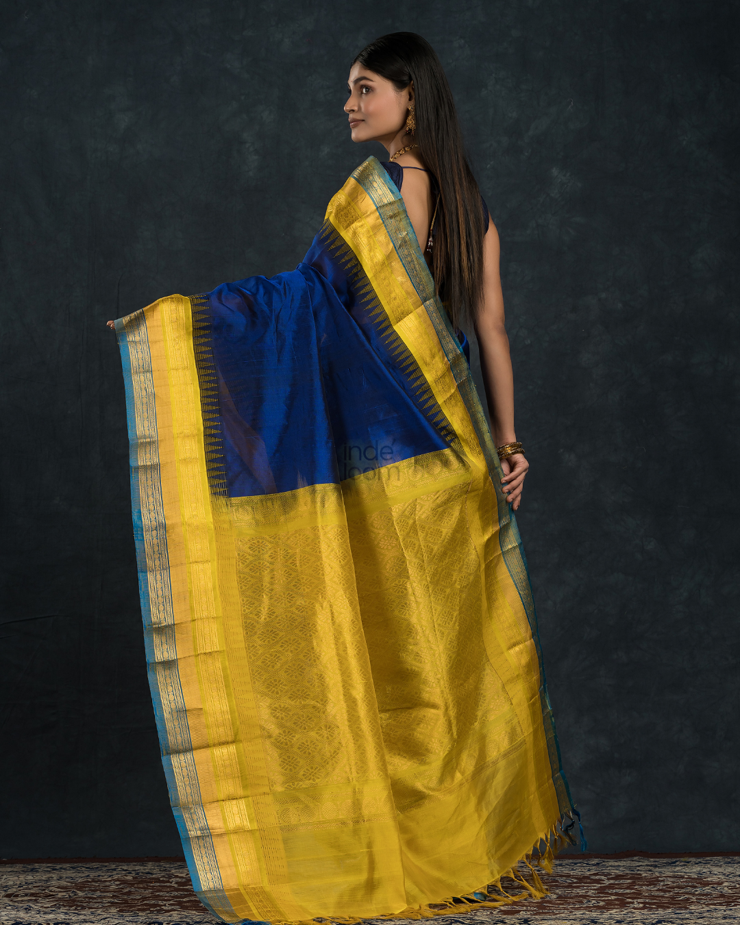 Pure Handloom Korvai Silk Cotton Saree in Blue and Yellow-Blue Border with temple border - 115