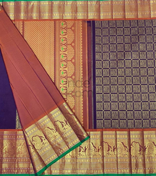 Dark Purple with Silk Design with Dark Orange Pallu and Golden Border Kanjivaram Saree-035