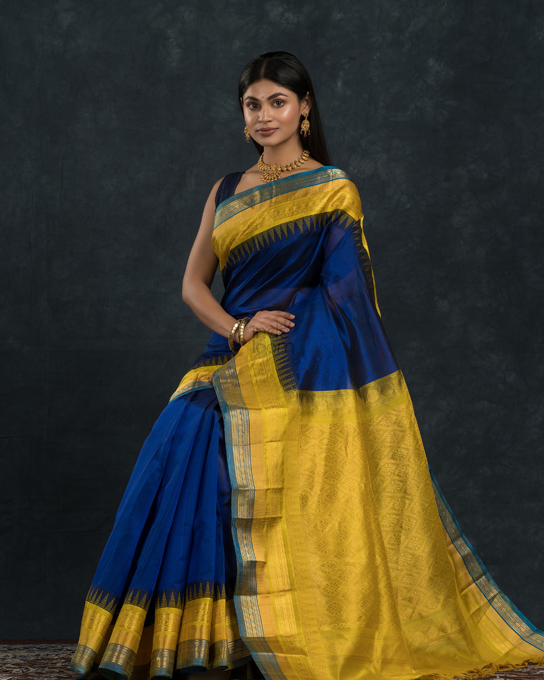 Pure handloom Korvai Saree with temple border Purple With Yellow Blue Border - 115