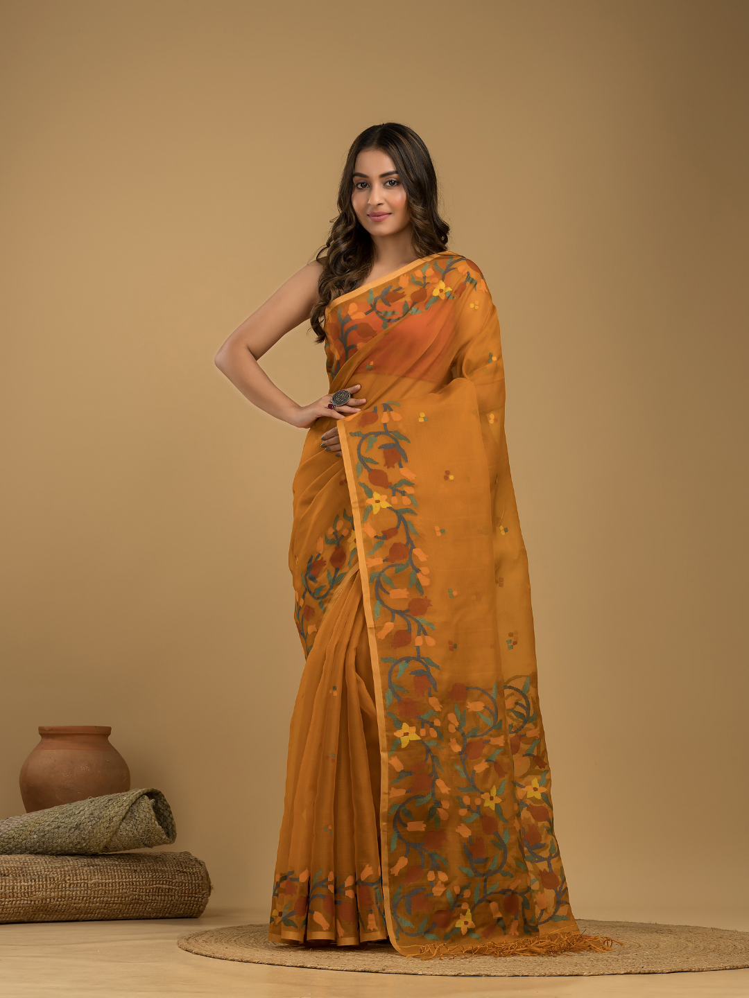 Muslin Jamdani Saree With Mustard Yellow  - 018