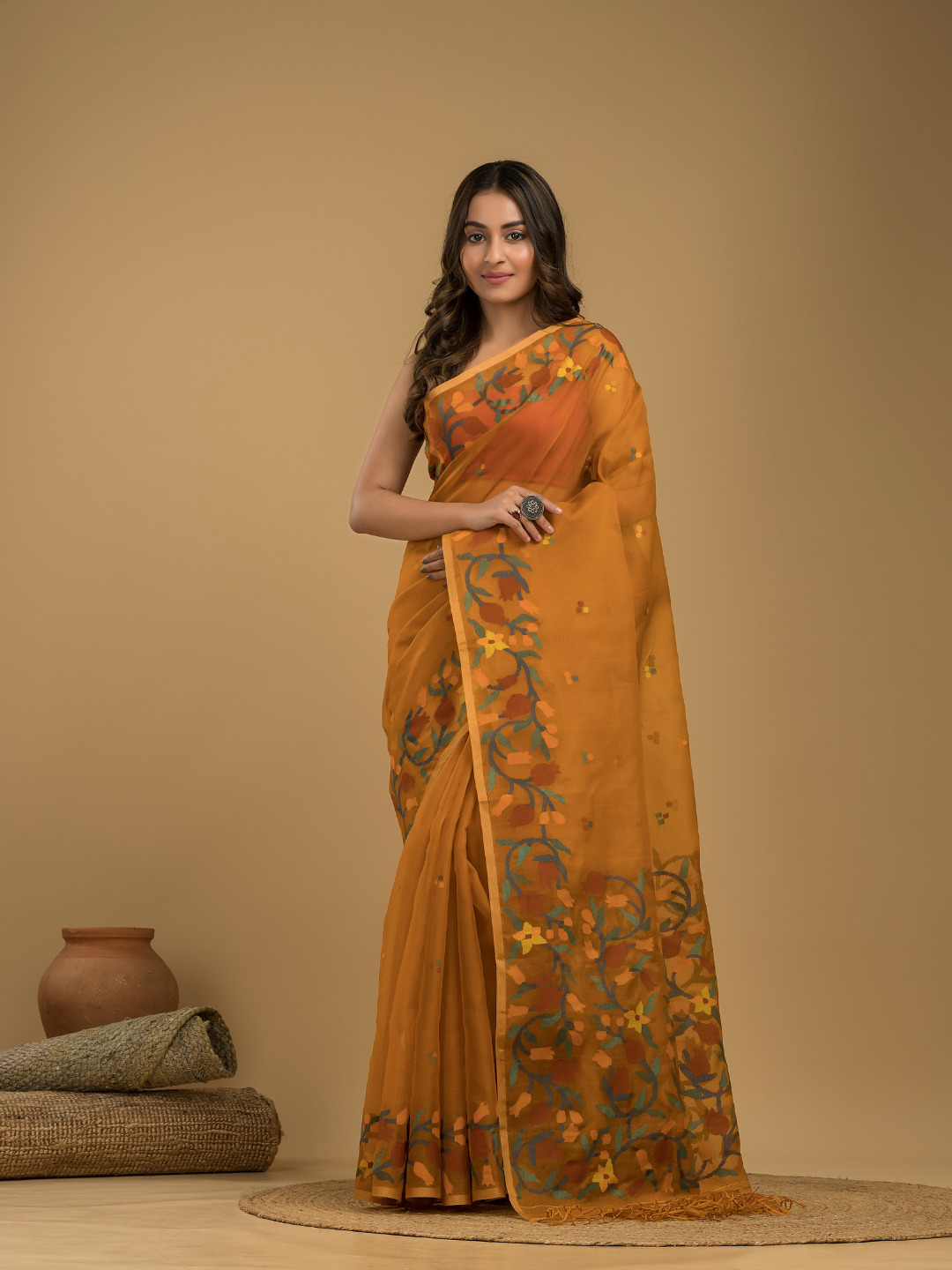 Muslin Jamdani Saree With Mustard Yellow  - 018