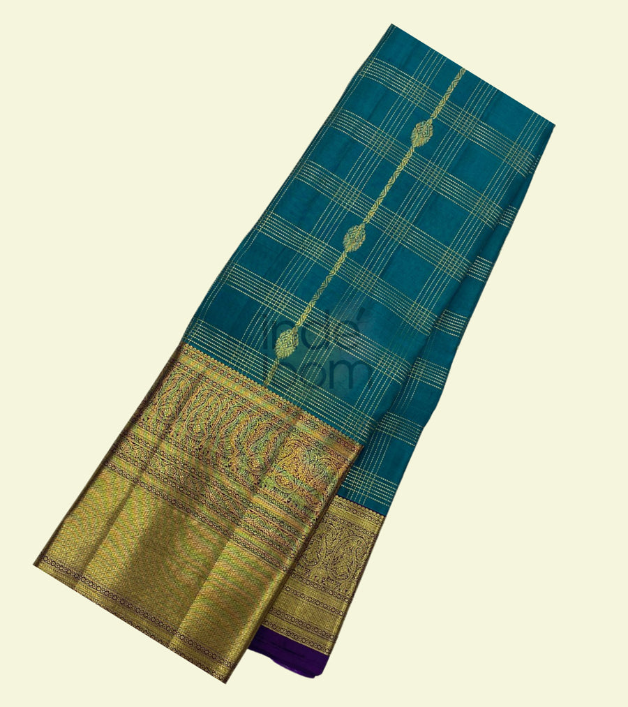 Peacock Blue saree with Navy Blue Pallu with Golden Border Kanjivaram Saree-029