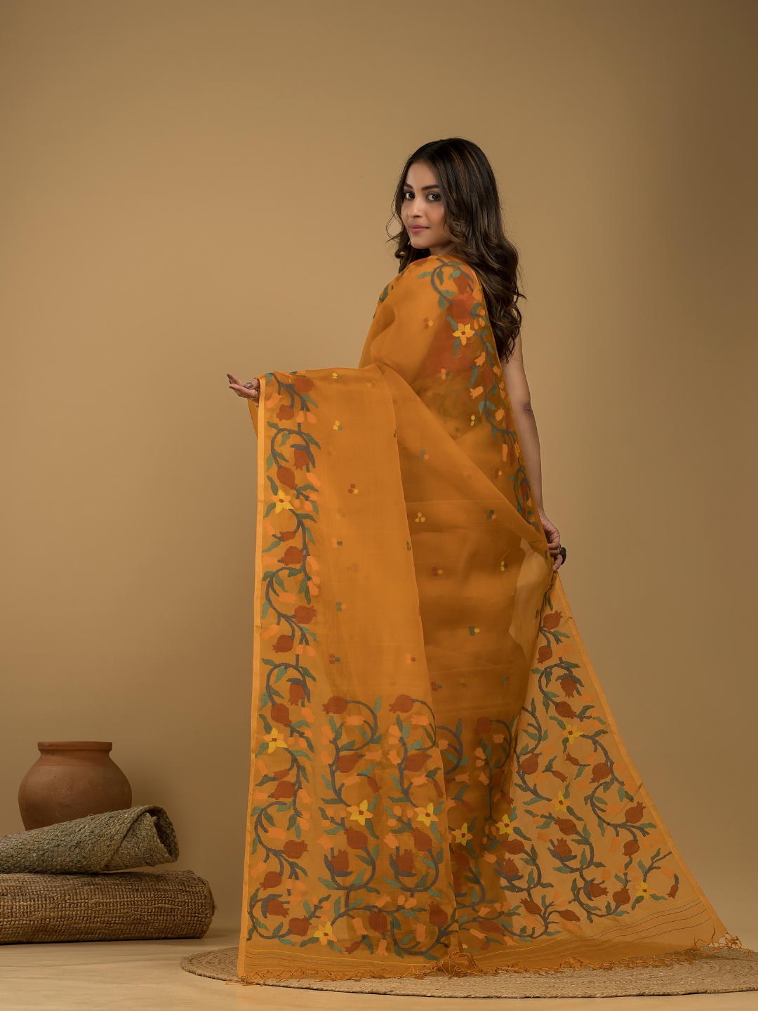 Muslin Jamdani Saree With Mustard Yellow  - 018