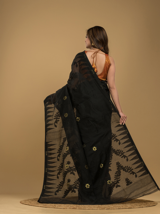 Rich Black Cotton Silk Jamdani Saree - 019