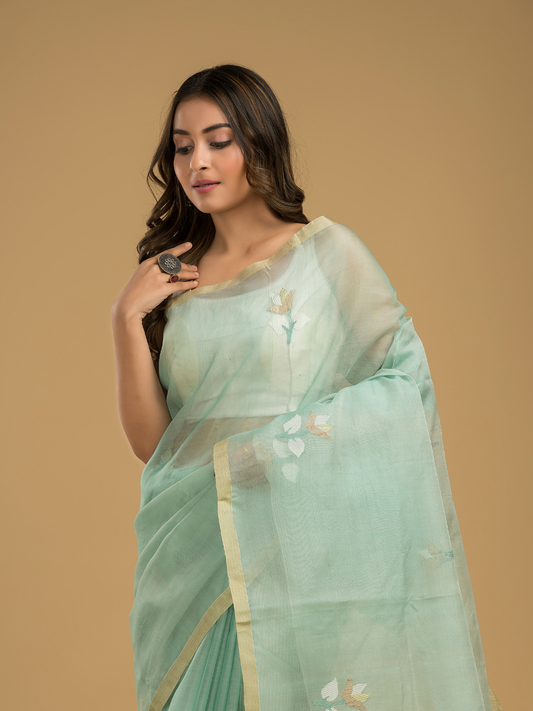 Jamdani Saree With Teal Green - 019