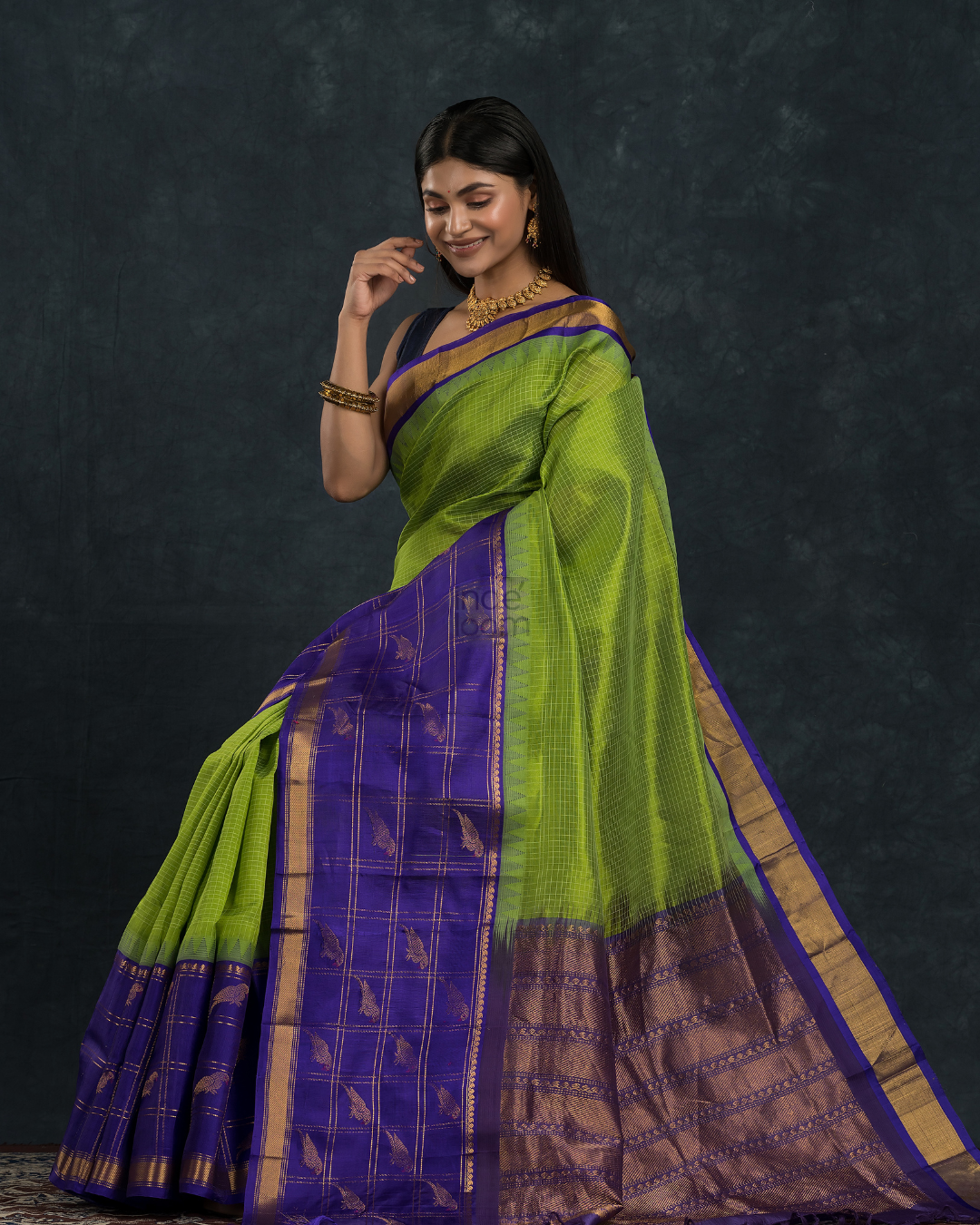 Korvai Saree Sky Blue with Lime Green Border - 020