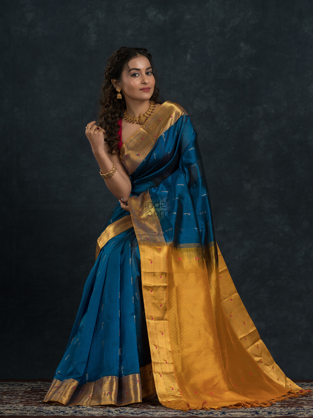 Korvai Saree Paithani design Indigo Blue with Yellow Border - 160