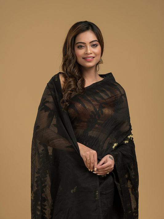 Rich Black Cotton Silk Jamdani Saree - 019