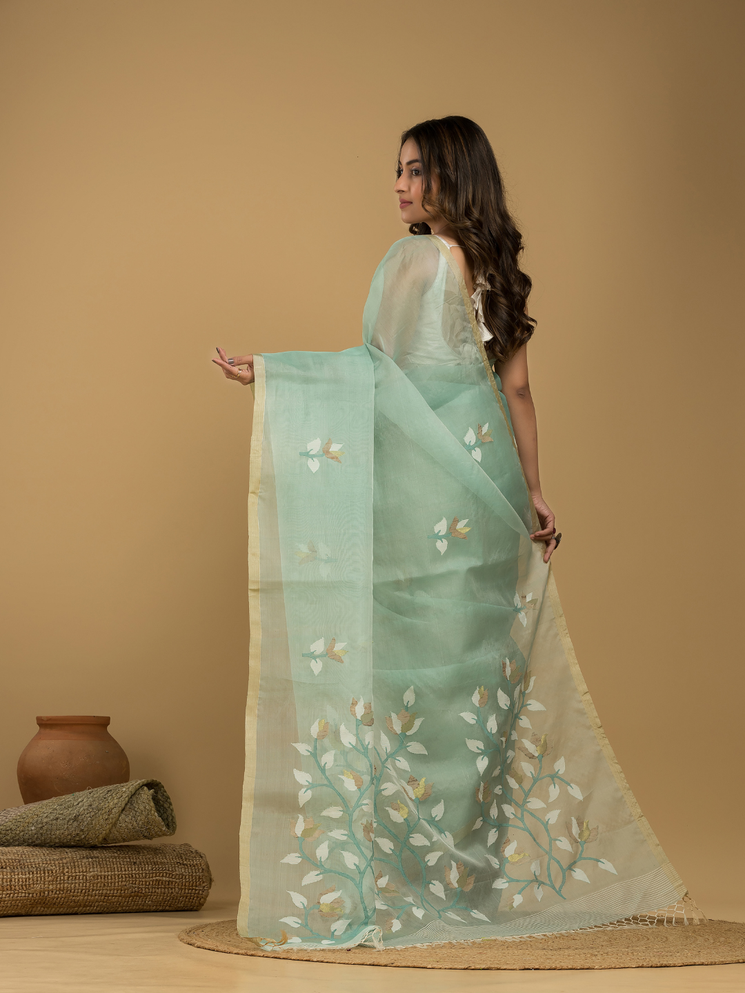 Jamdani Saree With Teal Green - 019