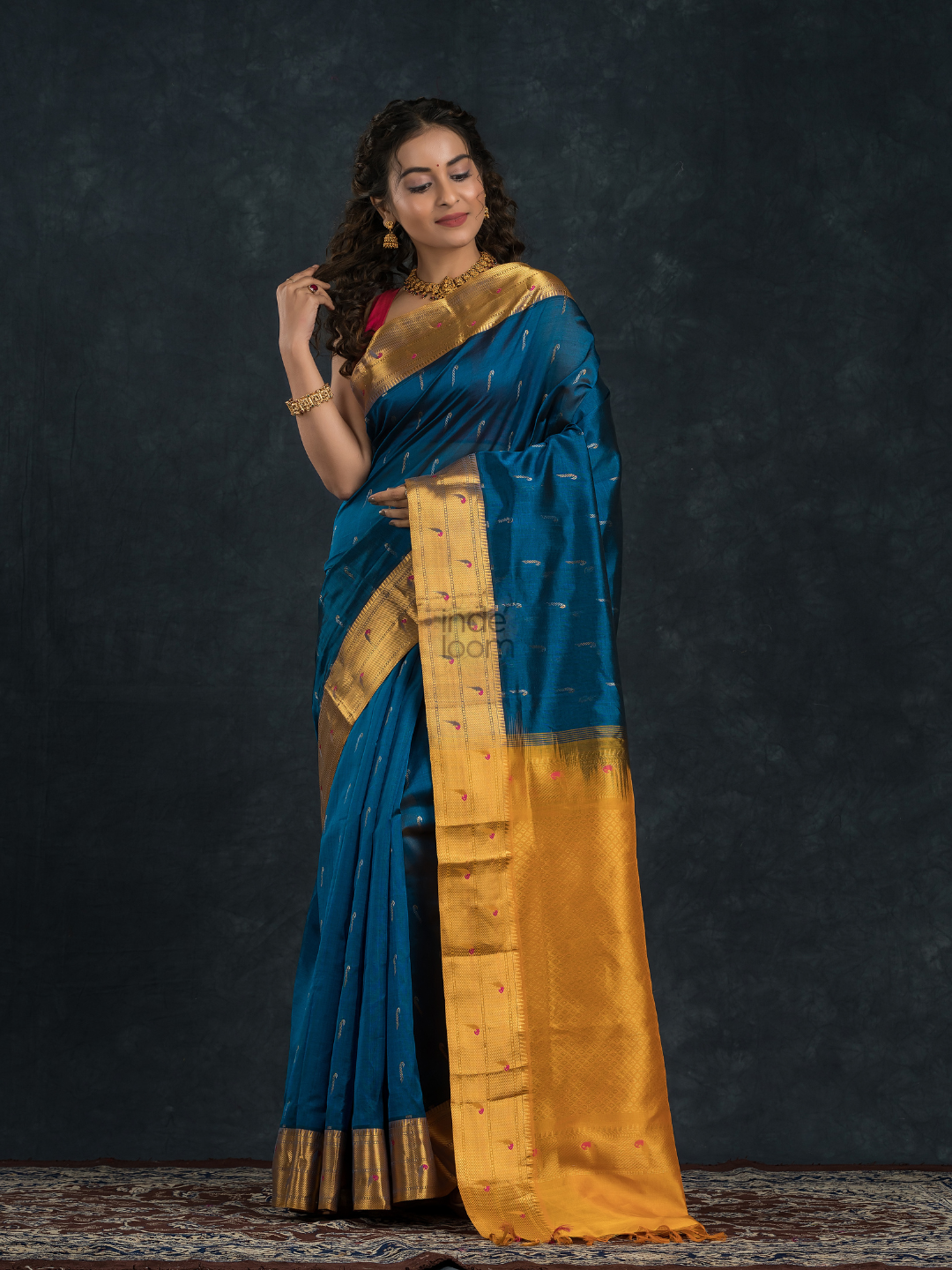 Korvai Saree Paithani design Indigo Blue with Yellow Border - 160