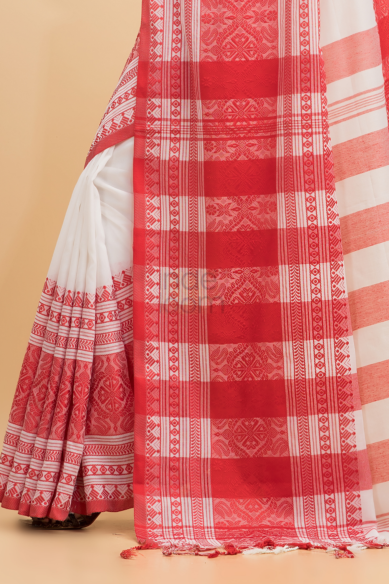 Durga Puja Saree Handloom Cotton in  Red White-013