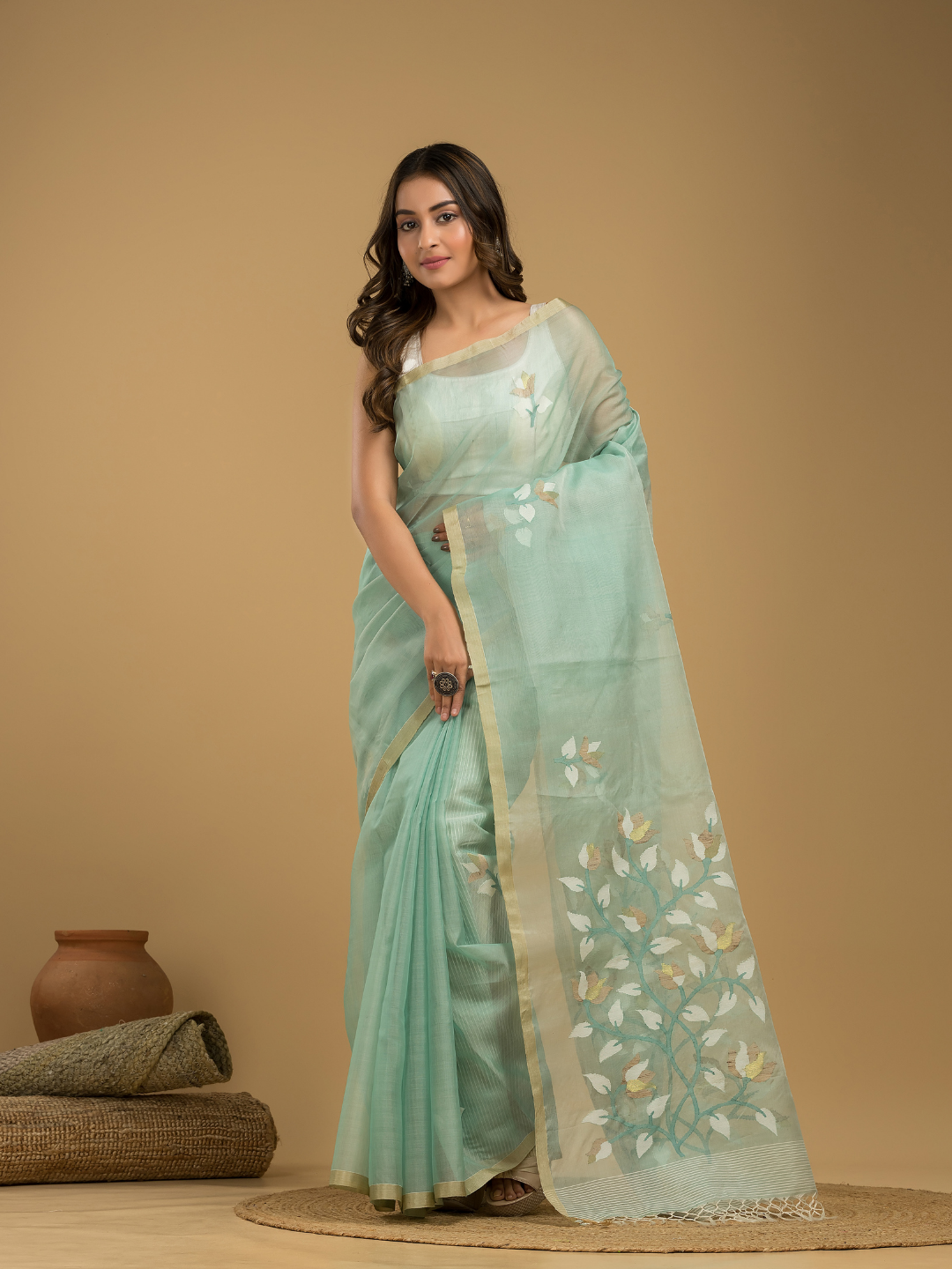 Jamdani Saree With Teal Green - 019