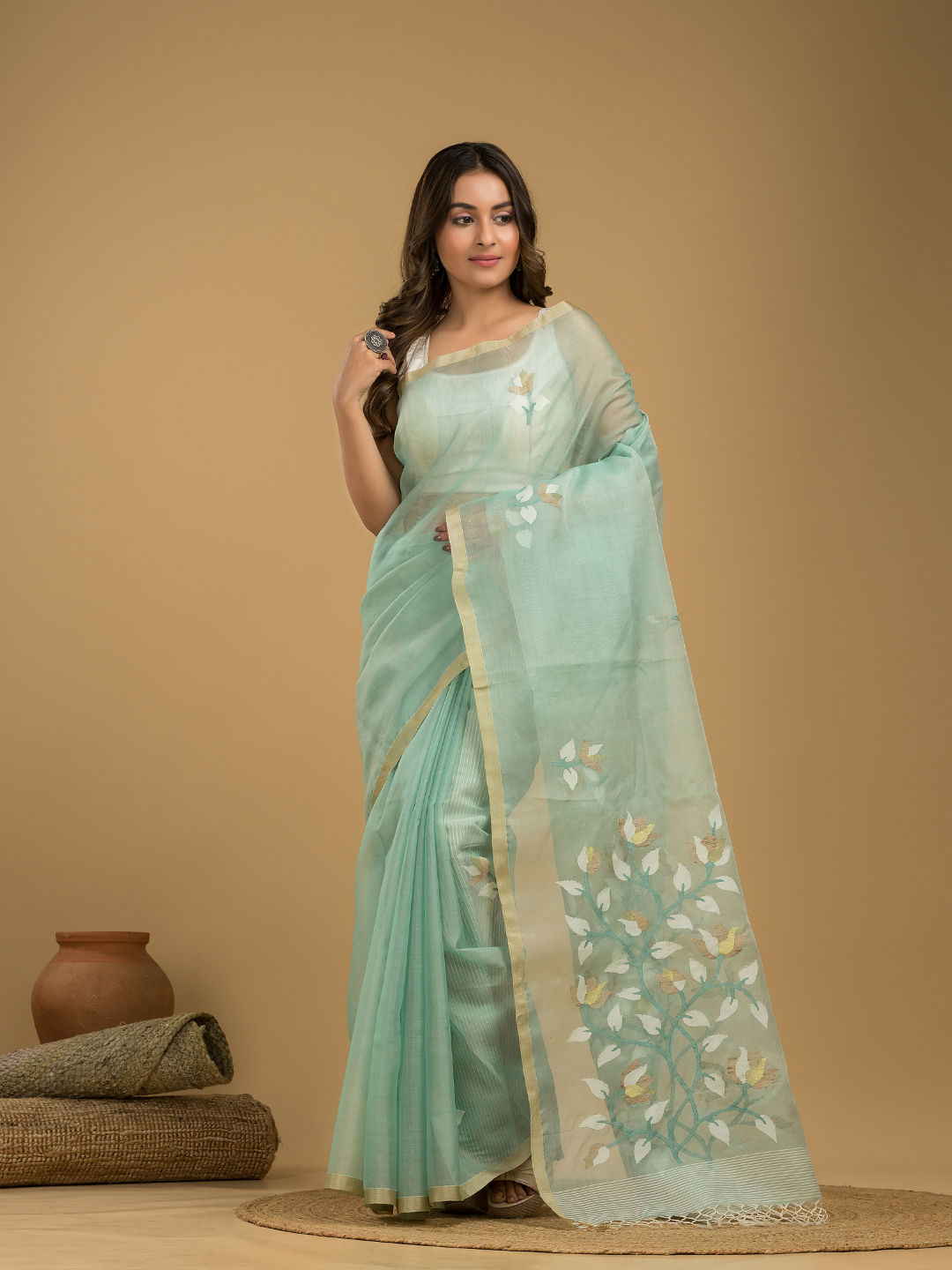 Jamdani Saree With Teal Green - 019