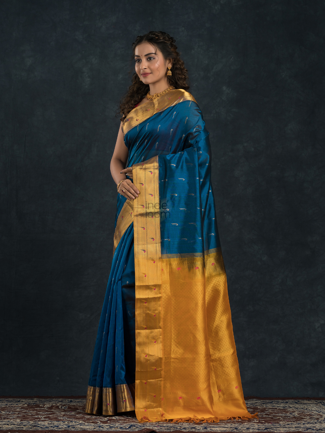 Korvai Saree Paithani design Indigo Blue with Yellow Border - 160