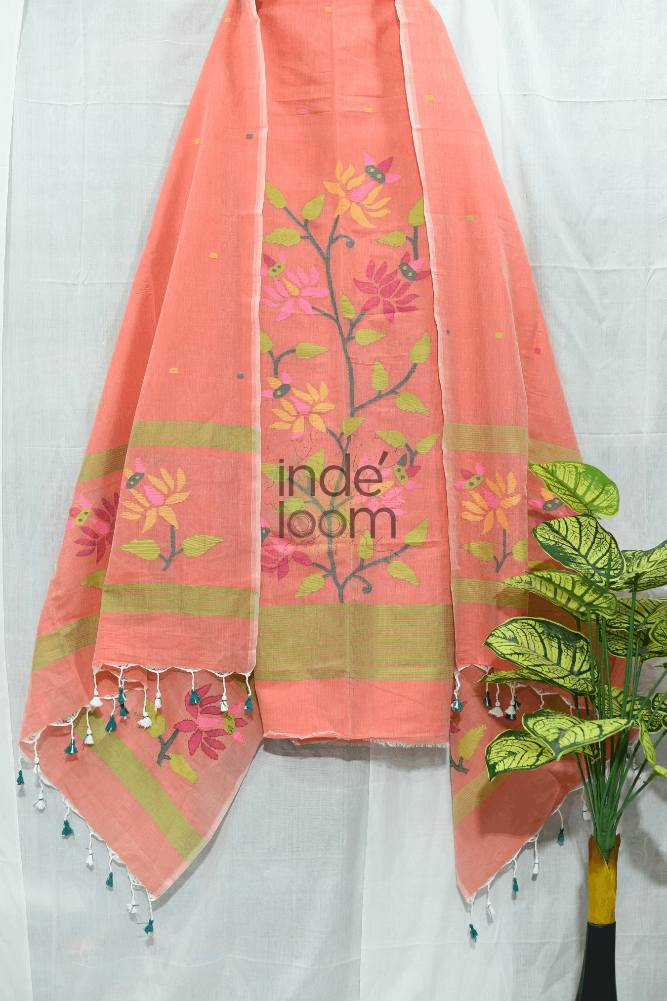 Cotton  Jamdani 2 Piece Set Kurti & Dupatta with Coral Orange - Jamdani Kurti - 157