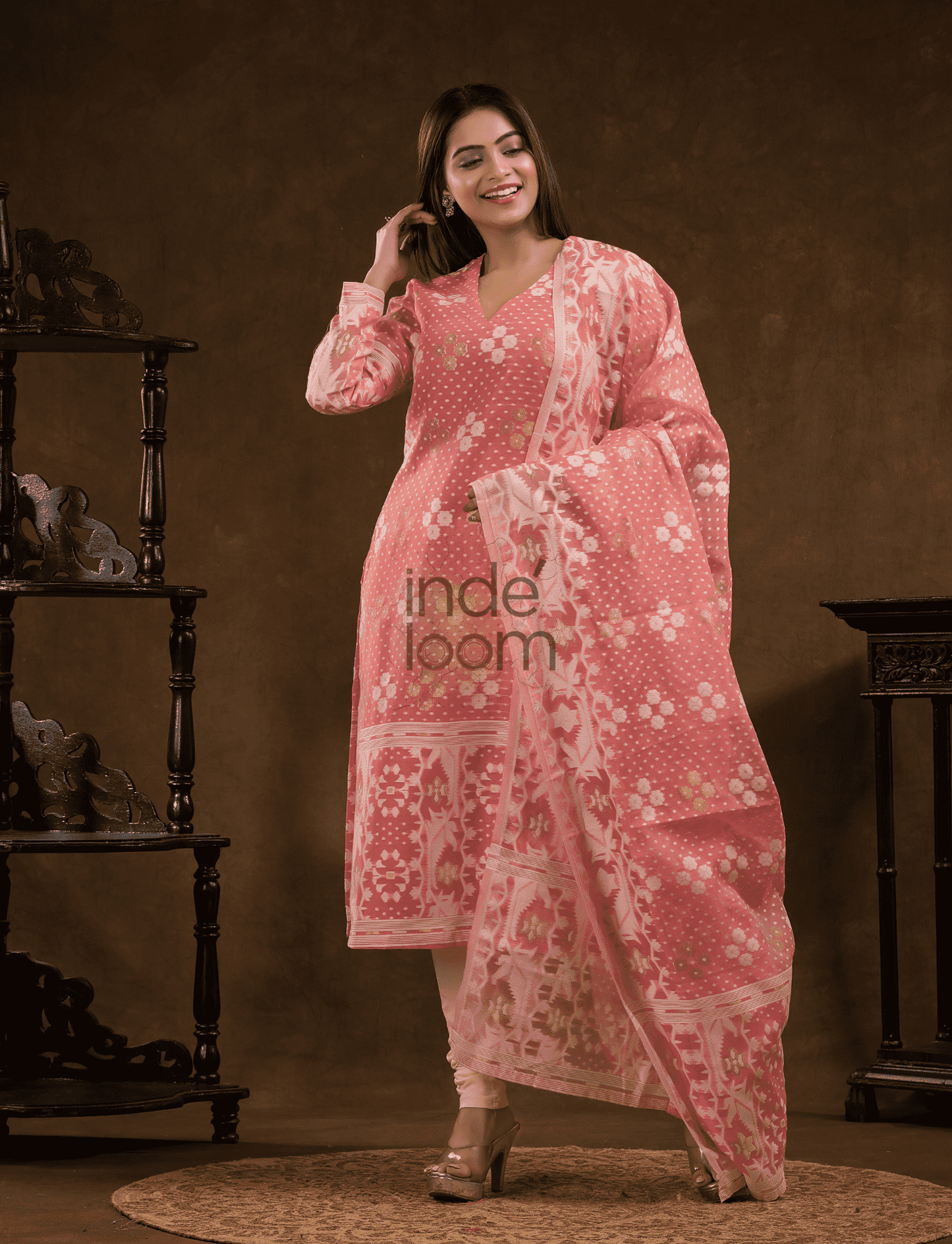 Coral Pink Cotton Silk Jamdani 2-Piece Set Kurti & Dupatta (UNSTITCHED) - 376