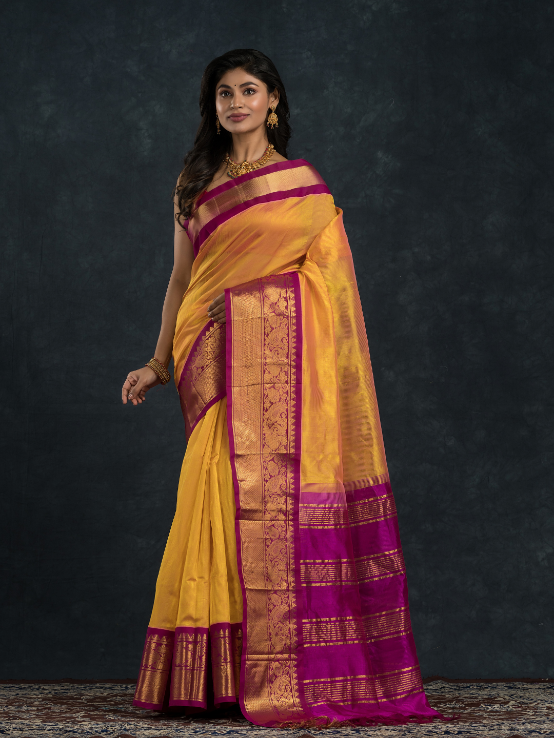 Pure handloom Korvai Silk Cotton Saree in Bright Yellow and Golden Purple Border - 099