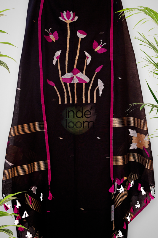 Cotton Jamdani 2 Piece Set Kurti & Dupatta with Ink Black -359