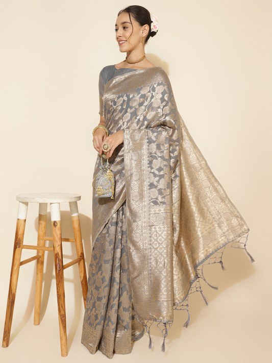 Chanderi Silk Floral Saree in Grey (Precision Looms) -004