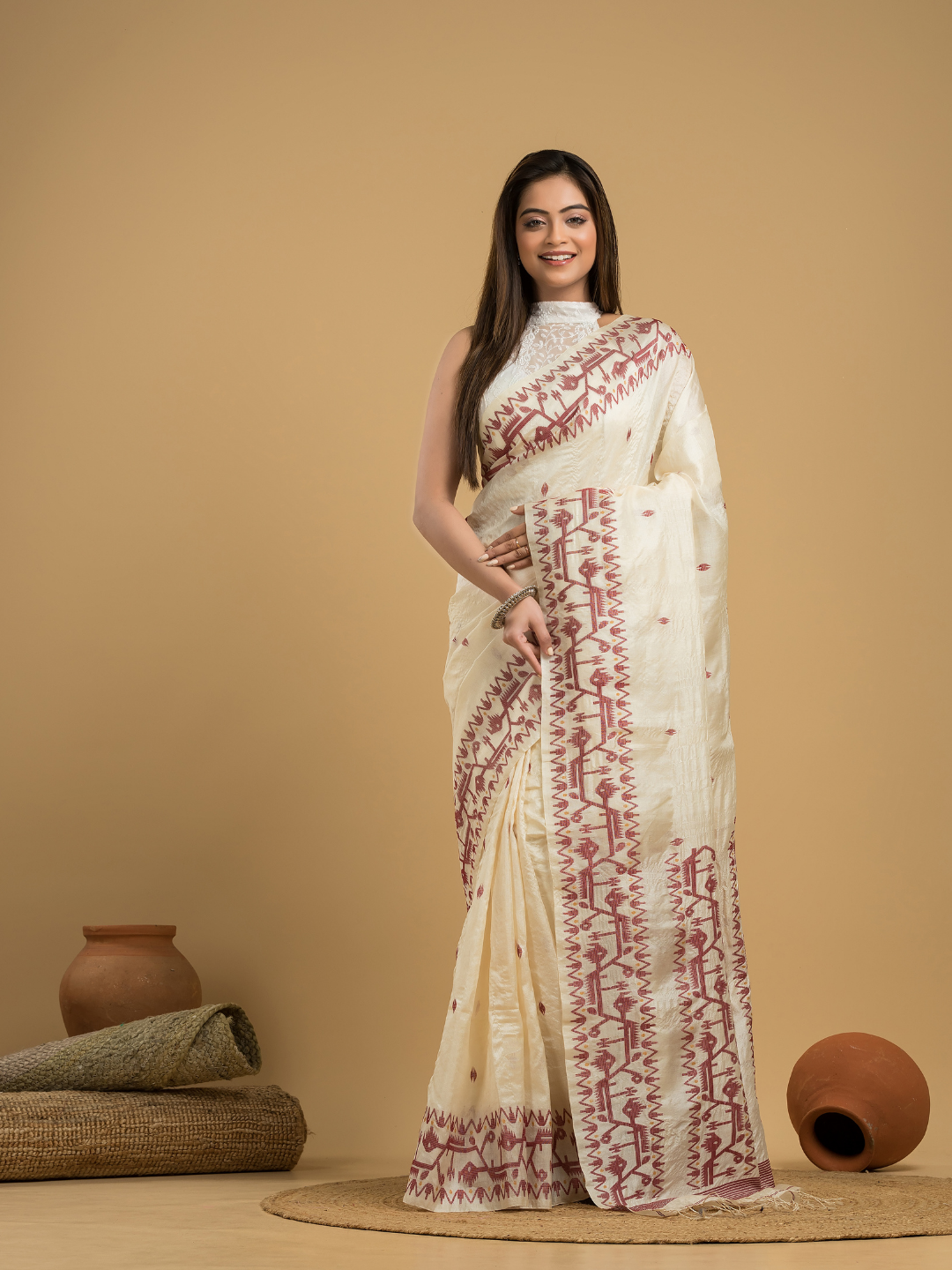 Linen White Tussar Silk Jamdani Saree - 044