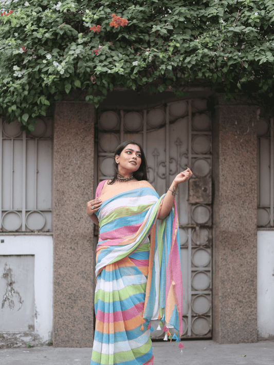 Rainbow Love In Mul Mul Zari Stripes Saree - 035