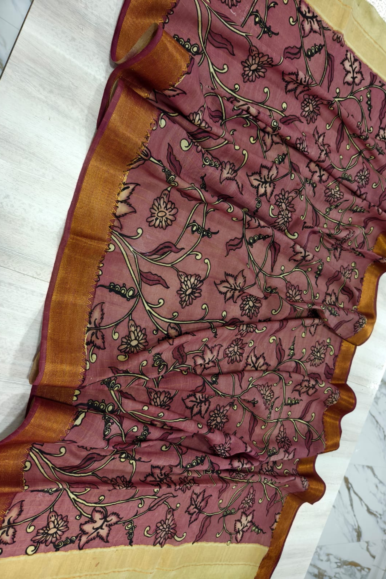 Burgundy Red Design Bangalore silk Kalamkari Dupatta -011