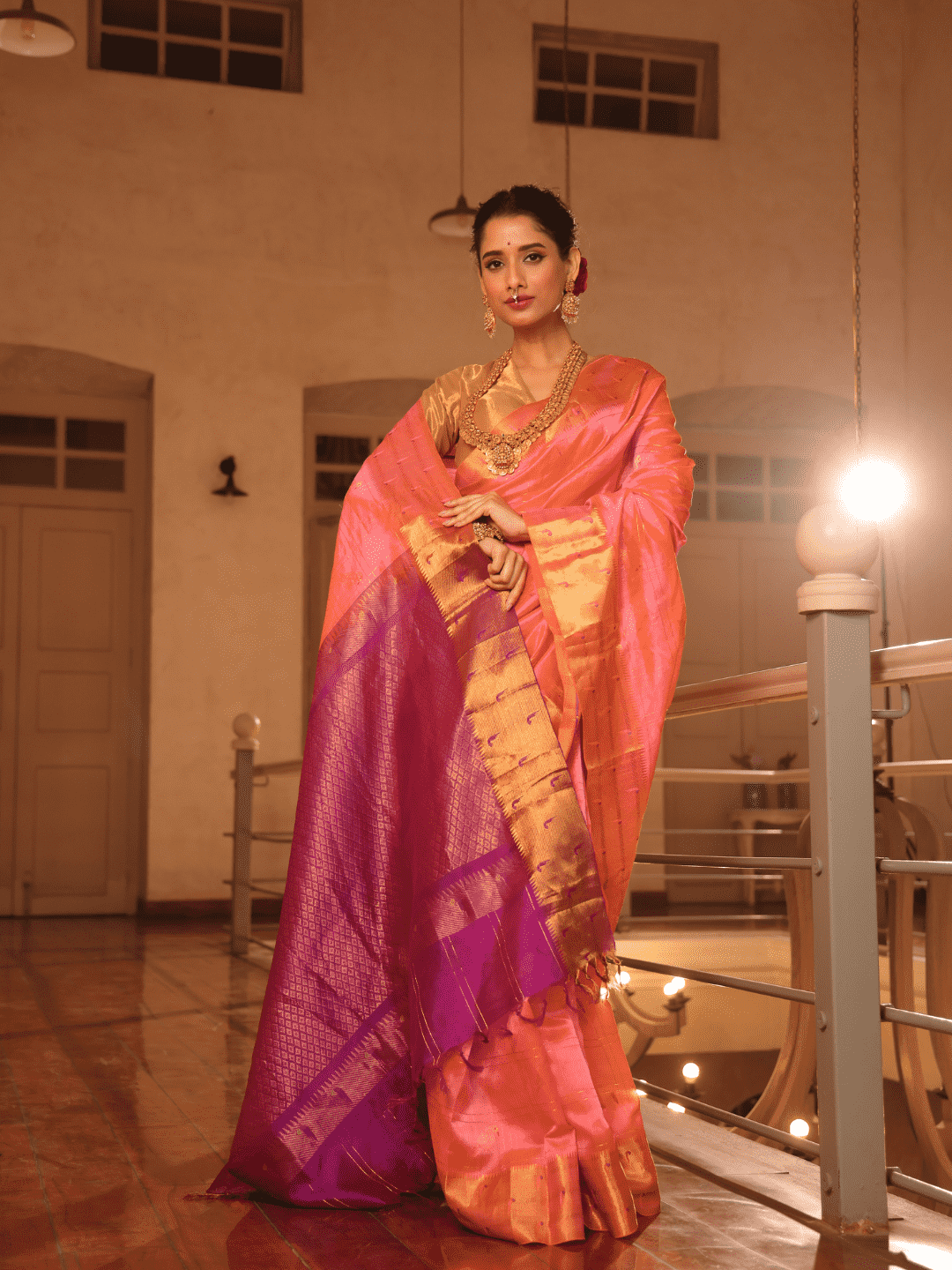 Pure Handloom Korvai Silk Cotton Paithani inspired Saree in Light Pink Birds Design and Golden Border with Parrot Buttas  - 141