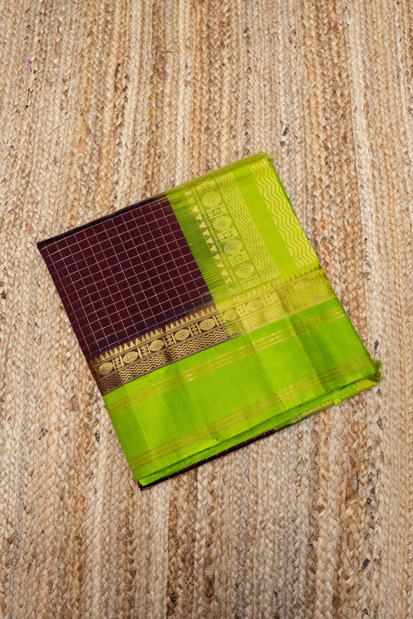 Zari Checks Dark Brown and Green Border Korvai Saree -150