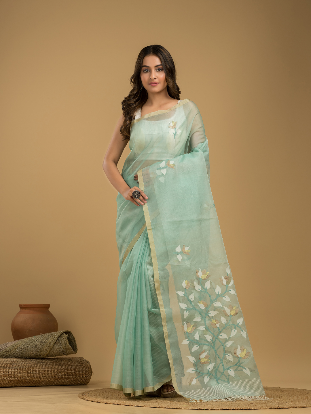 Jamdani Saree With Teal Green - 019