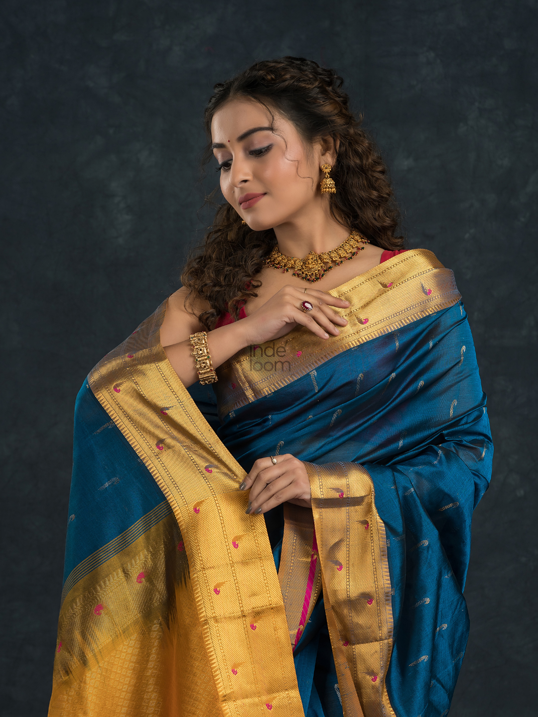 Korvai Saree Paithani design Indigo Blue with Yellow Border - 160