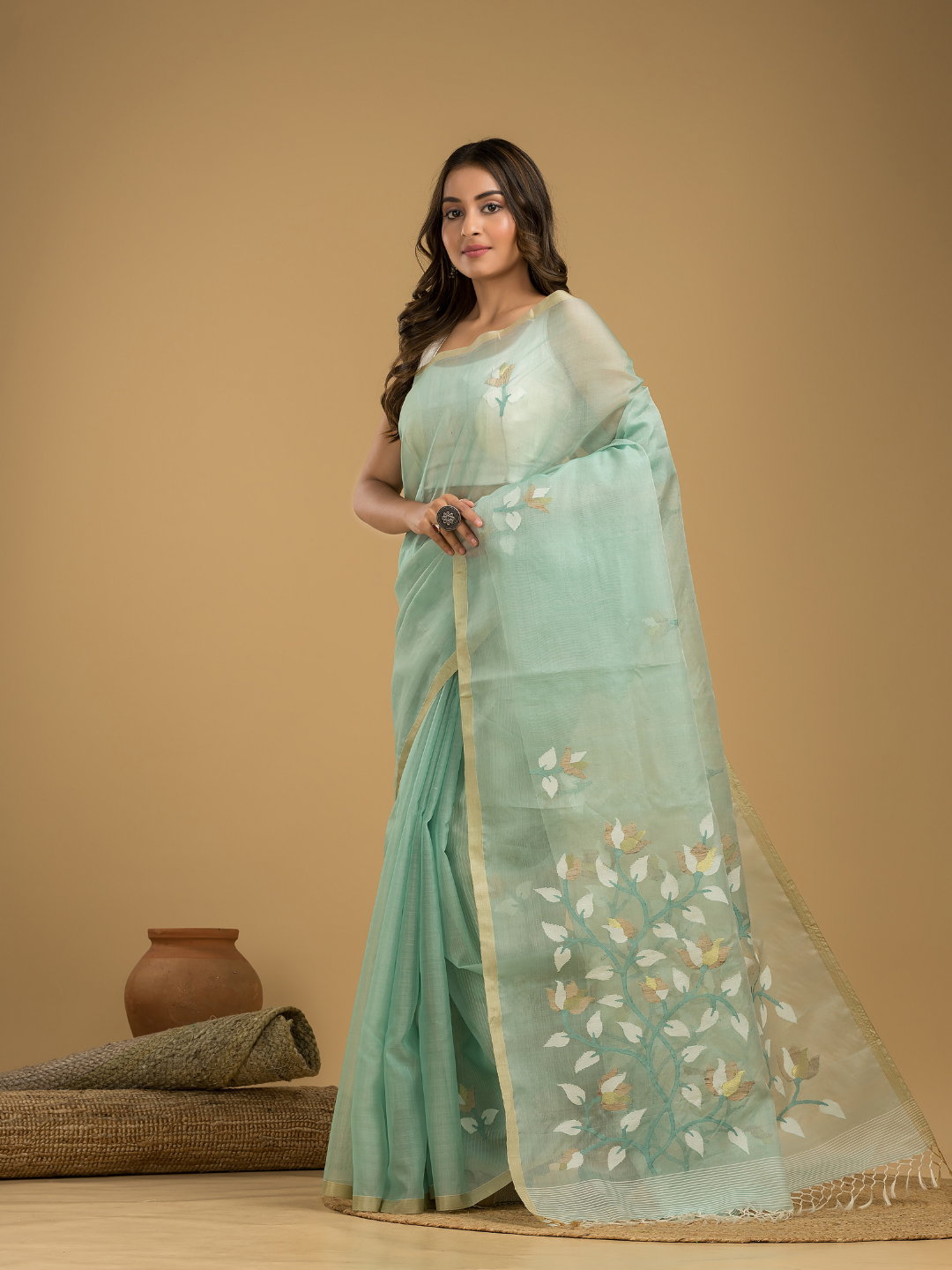 Jamdani Saree With Teal Green - 019