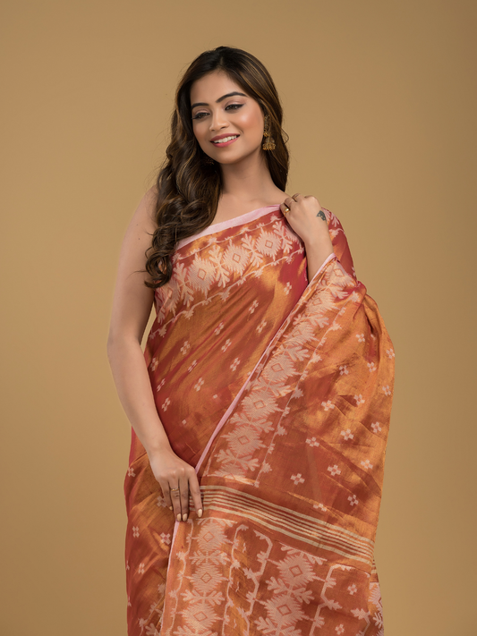 Coral Orange Tissue Silk Jamdani Saree - 020