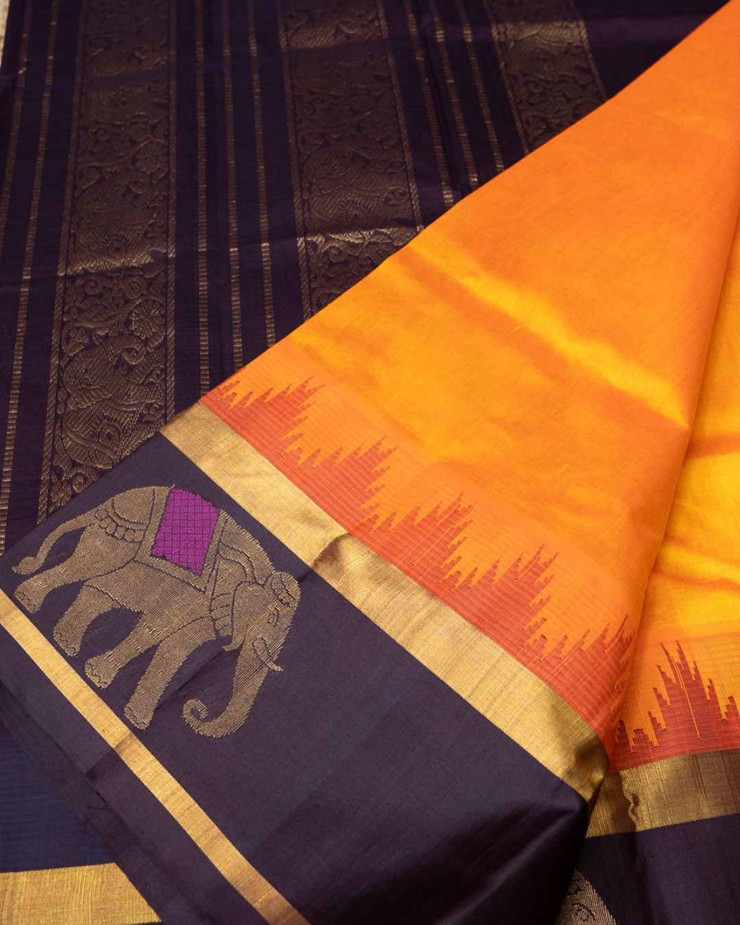 Korvai Saree with elephant Border in Mustard with Black border - 101