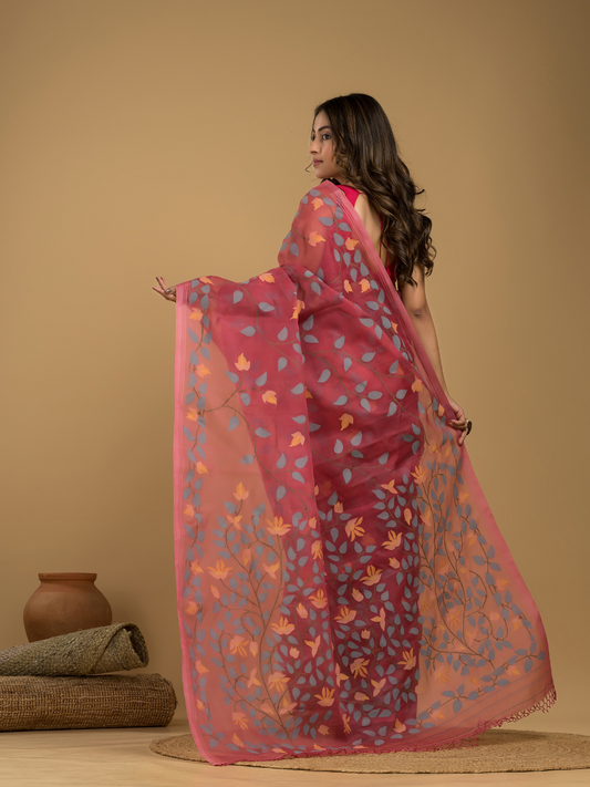 Muslin Jamdani Saree With Pastel Red - 020