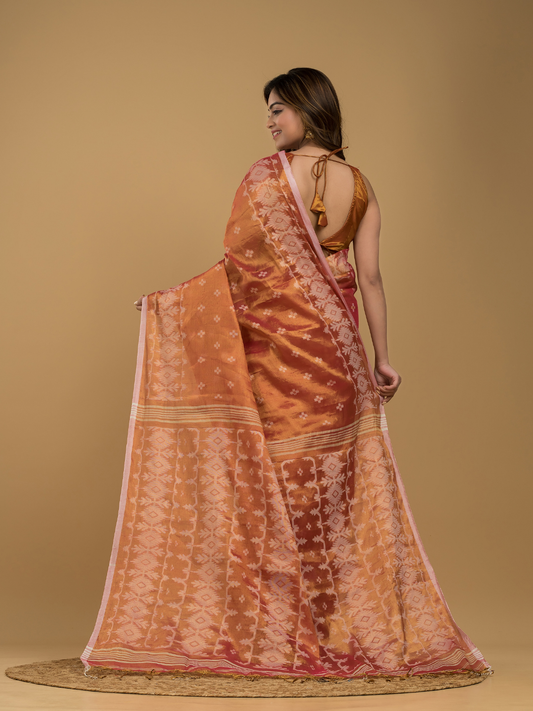 Coral Orange Tissue Silk Jamdani Saree - 020