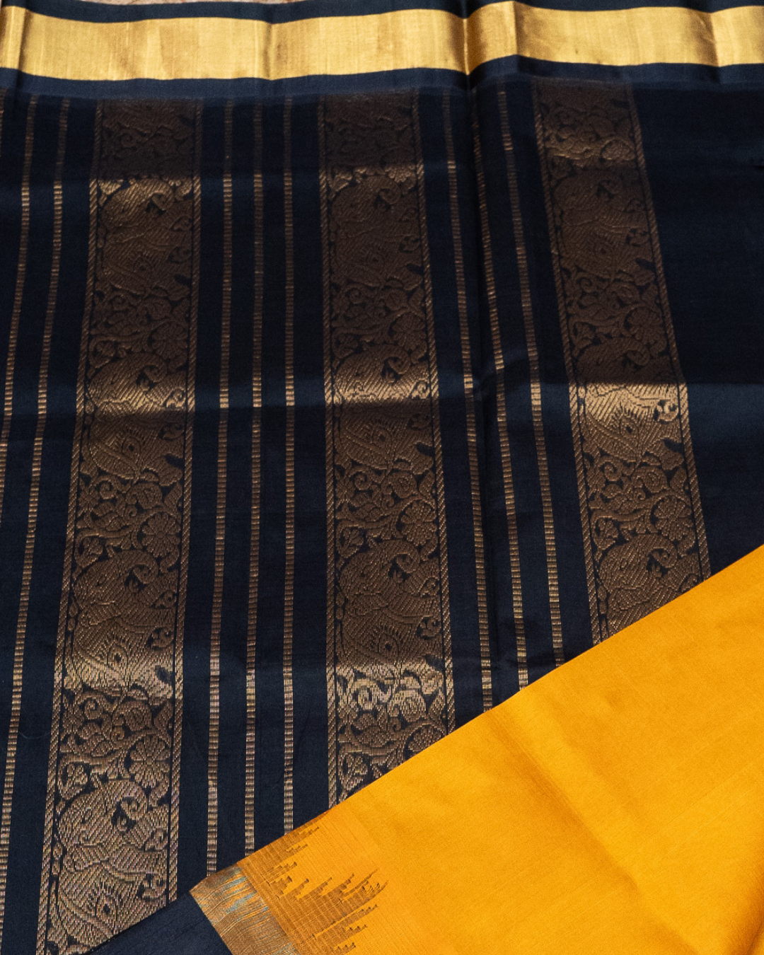 Korvai Saree with elephant Border in Mustard with Black border - 101