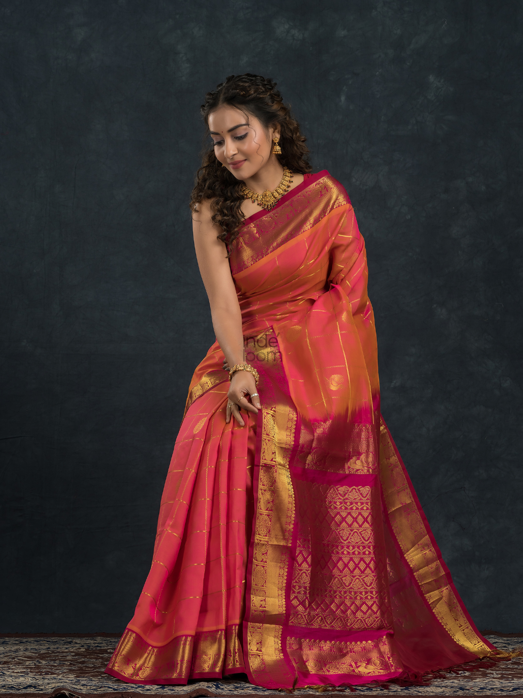 Korvai Saree Mayil Chakram with Zari Checks Peach Pink With Maroon Border - 148