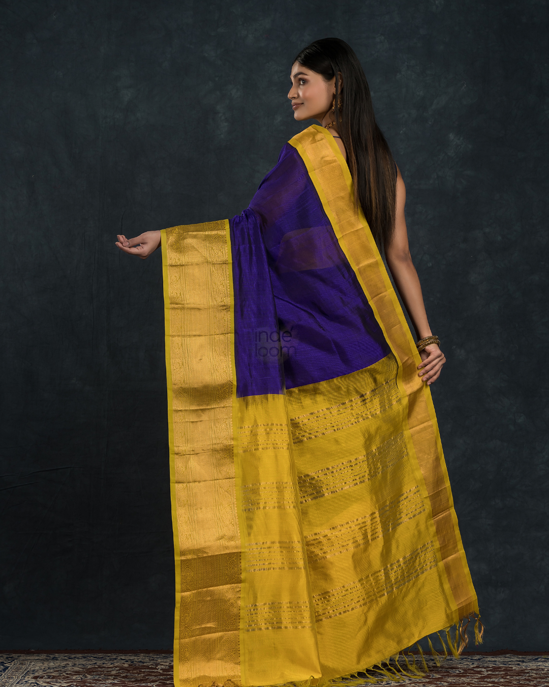 Korvai Saree Navy Blue and Golden Yellow Border - 110