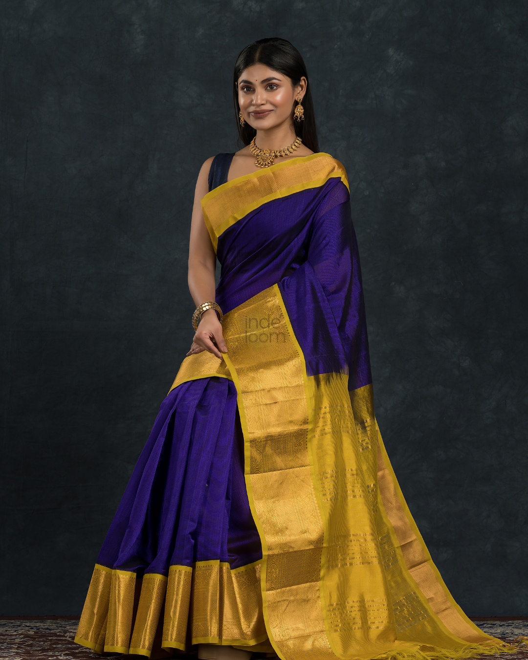 Korvai Saree Navy Blue and Golden Yellow Border - 110