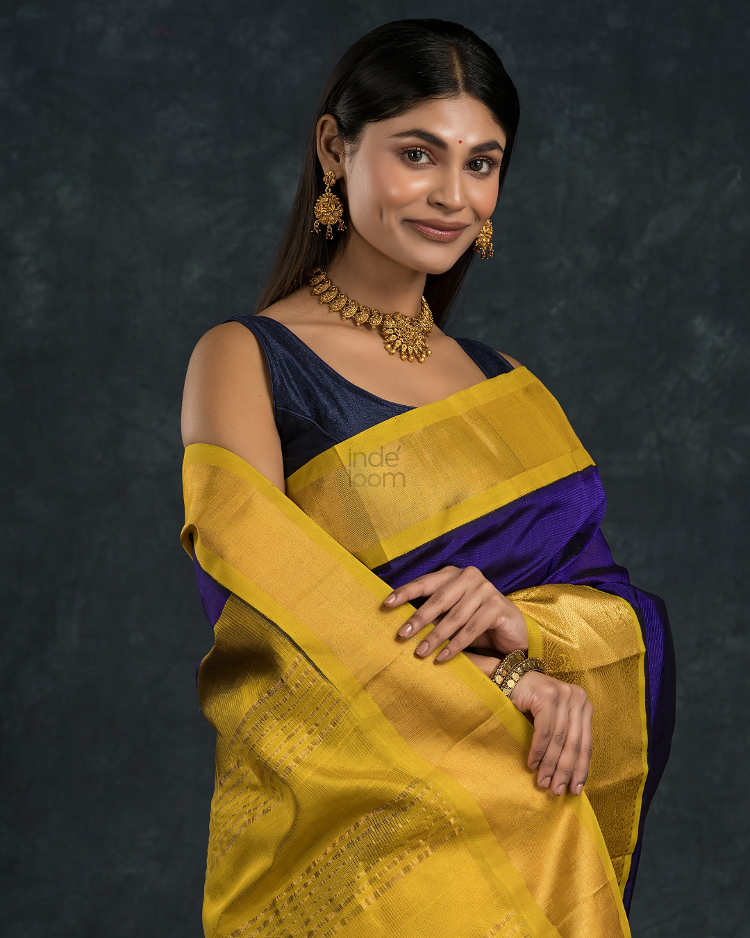 Korvai Saree Navy Blue and Golden Yellow Border - 110