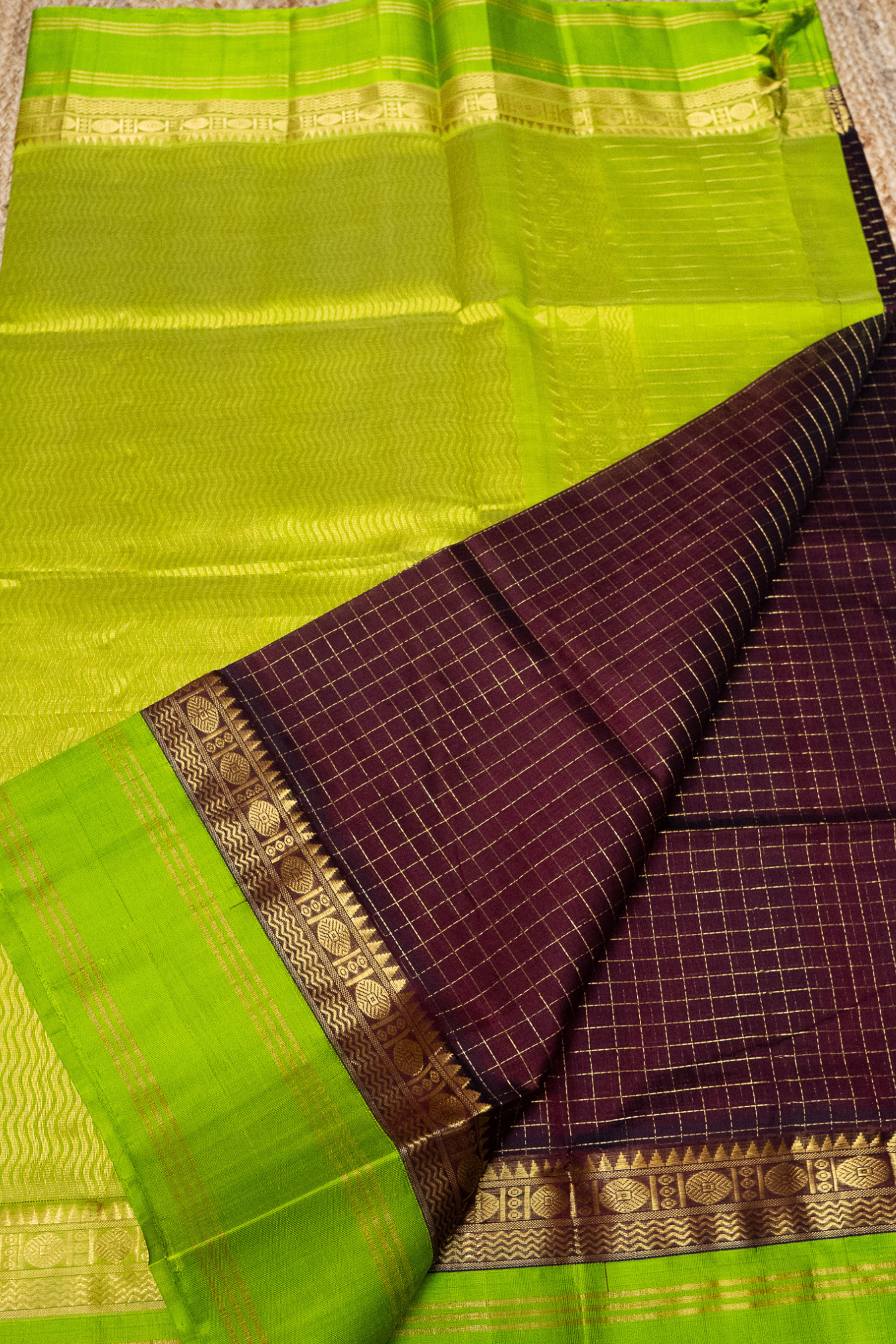 Zari Checks Dark Brown and Green Border Korvai Saree -150