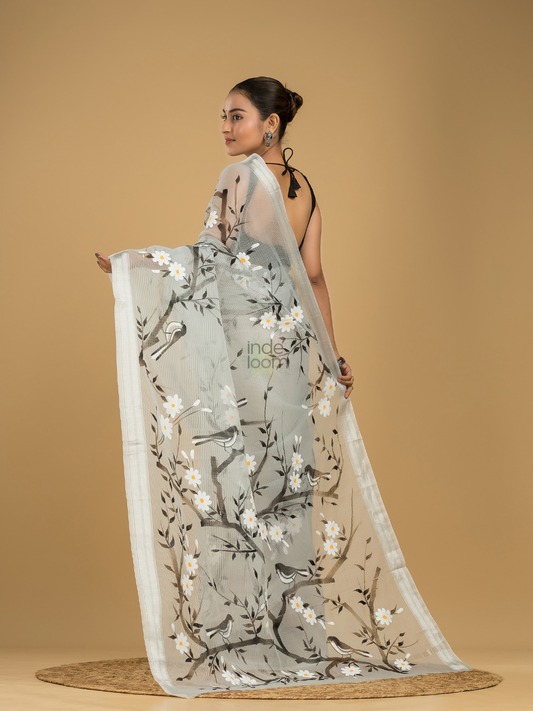 Kota Doria Handpainted  Saree With Space Black - 002