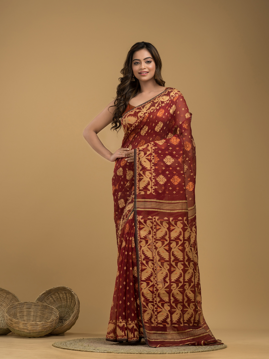 Umber Brown Cotton Silk Jamdani Saree - 022