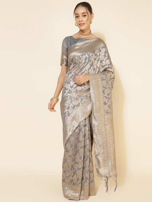 Chanderi Silk Floral Saree in Grey (Precision Looms) -004