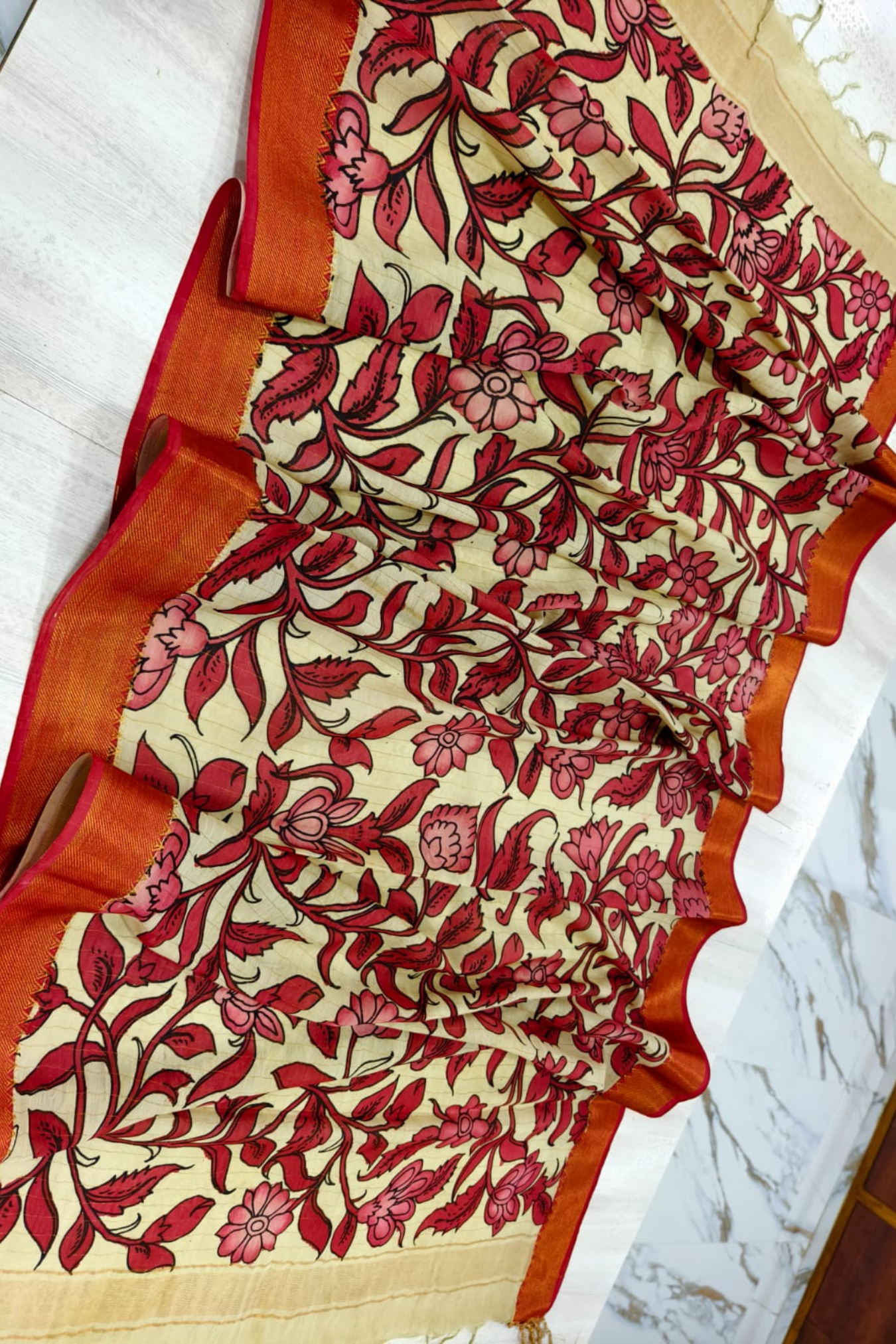 Light Brown Design and Red Border Bangalore silk Kalamkari Dupatta -012