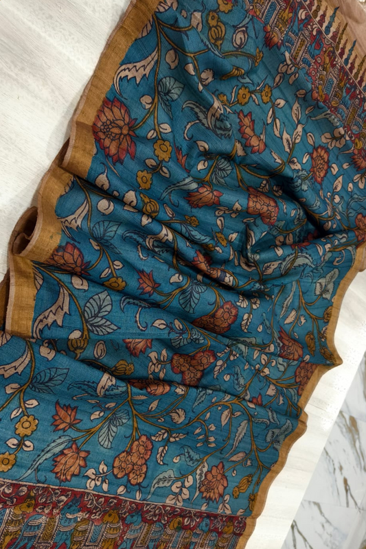 Berry Blue Design Tussar Silk Kalamkari Dupatta -027