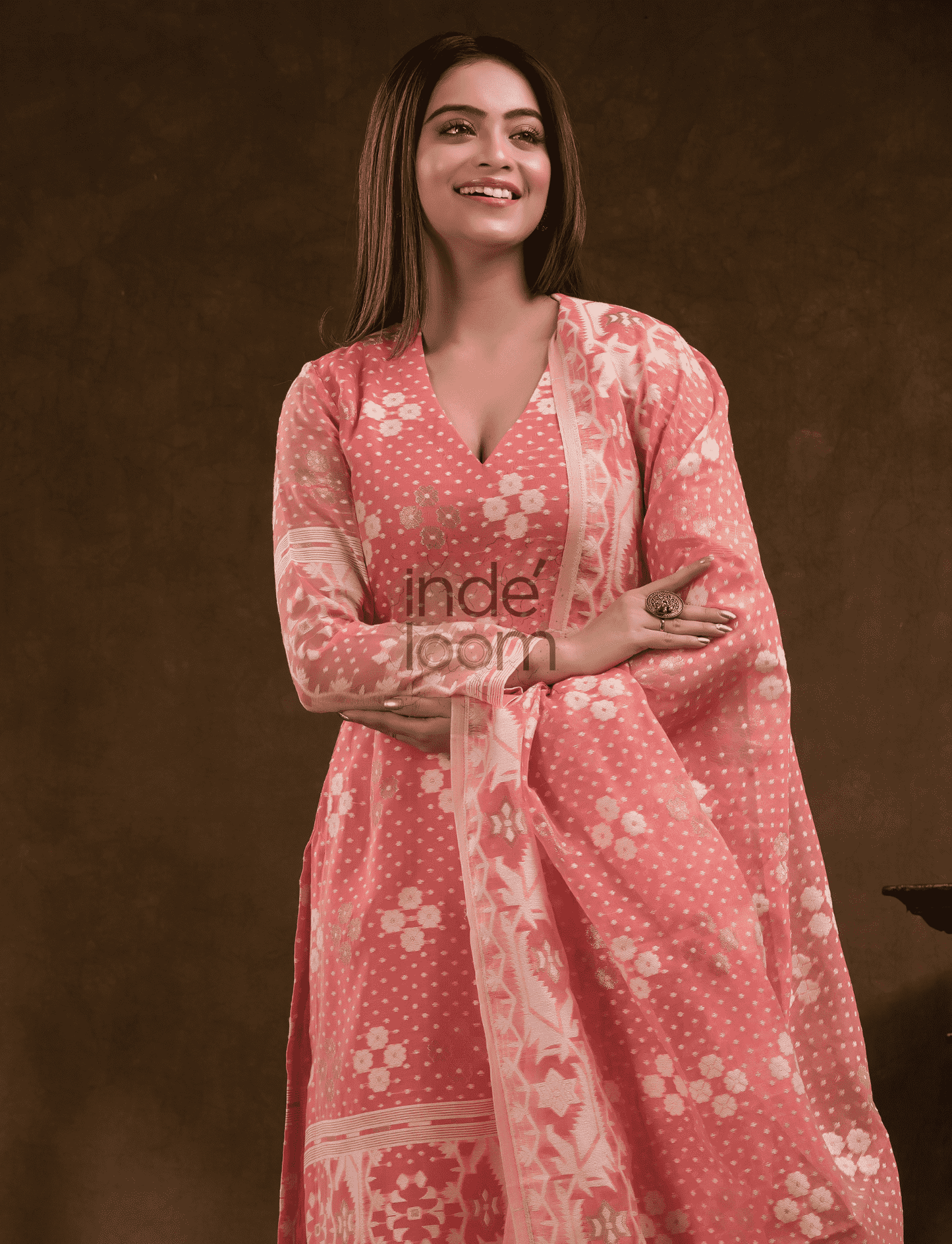 Coral Pink Cotton Silk Jamdani 2-Piece Set Kurti & Dupatta (UNSTITCHED) - 376