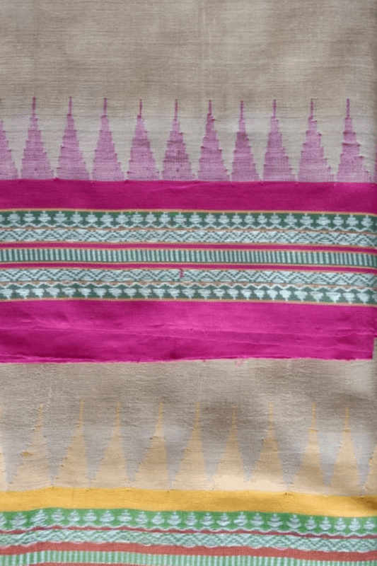 Beige & Barbie Pink, Handloom Vidarbha Tussar Silk Saree with Multicolor Contrast Border-030